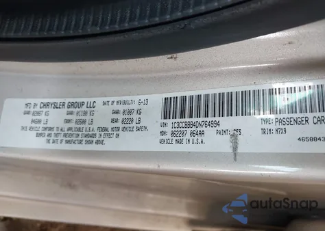 2013 Chrysler 200 Touring из США, поврежденный, VIN 1C3CCBBB4DN764994